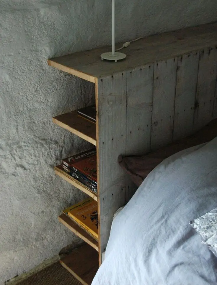 Reclaimed Wood Headboard With Open Shelves For Books
