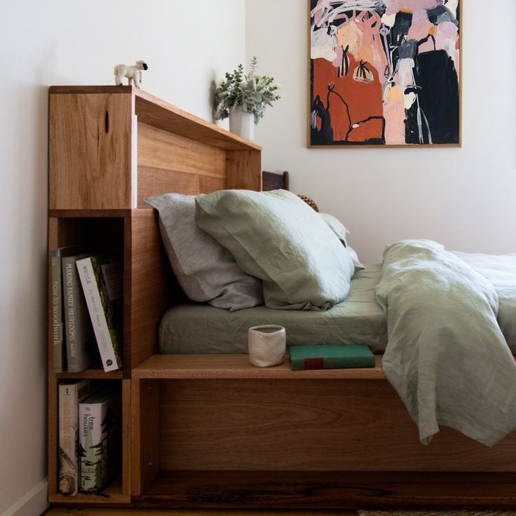 Wood Headboard With Integrated Vertical Book Cubbies and Side Compartment