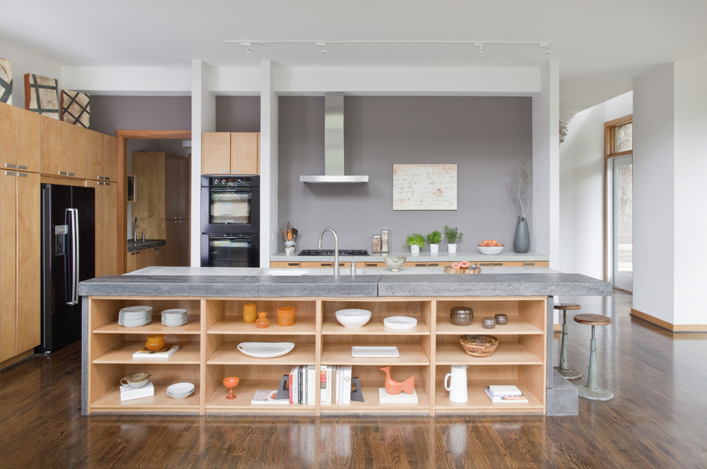 Open Wood Shelving Displays Kitchenware and Books