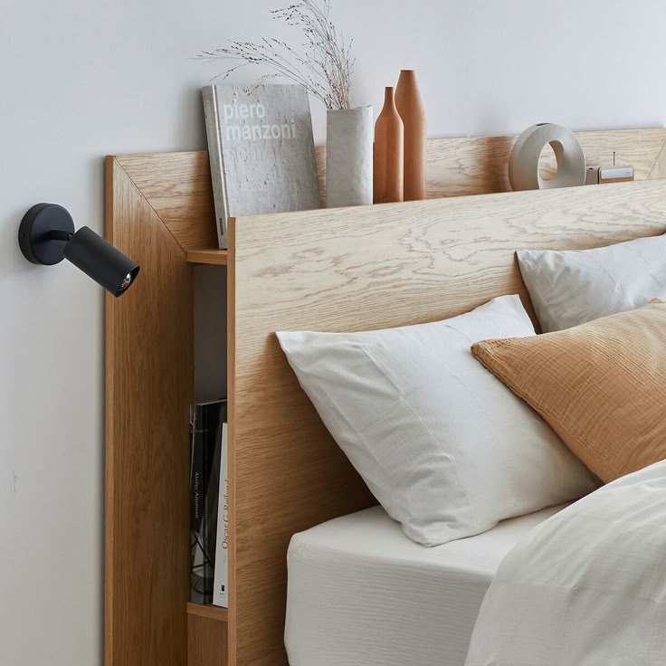 Wood Headboard With Recessed Side Shelves For Books