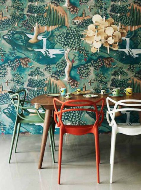 Select Boldly Colored Chairs for Contrast with Wallpaper