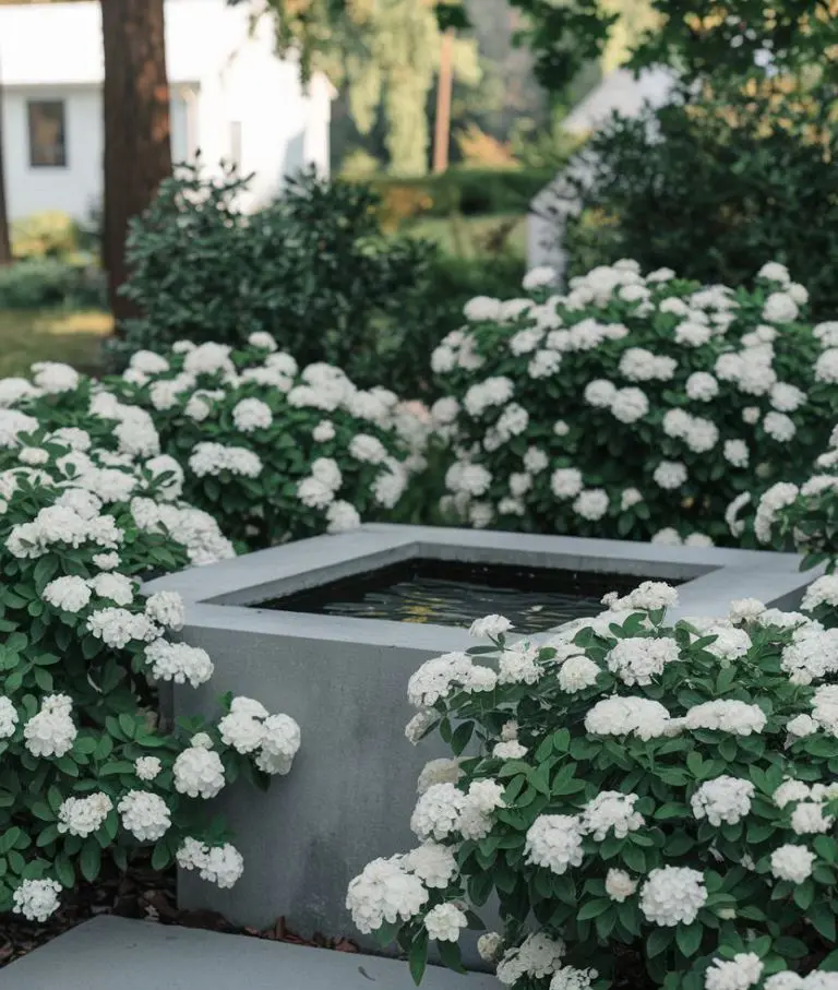 Square Water Feature Surrounded by White Blooms