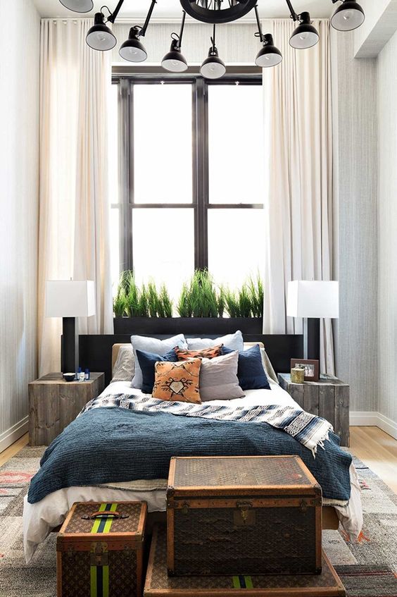 Dark Headboard With Integrated Planter Adds Greenery
