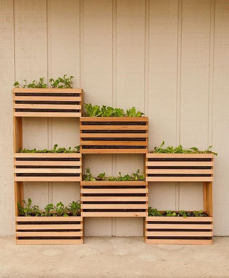 Tiered Wooden Planters Create a Vertical Garden Wall