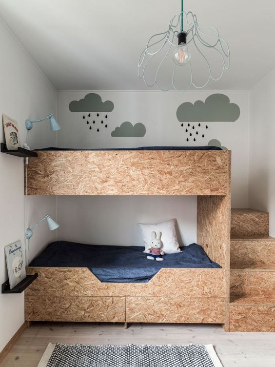 OSB Bunk Bed Features Raw Texture and Drawer Storage