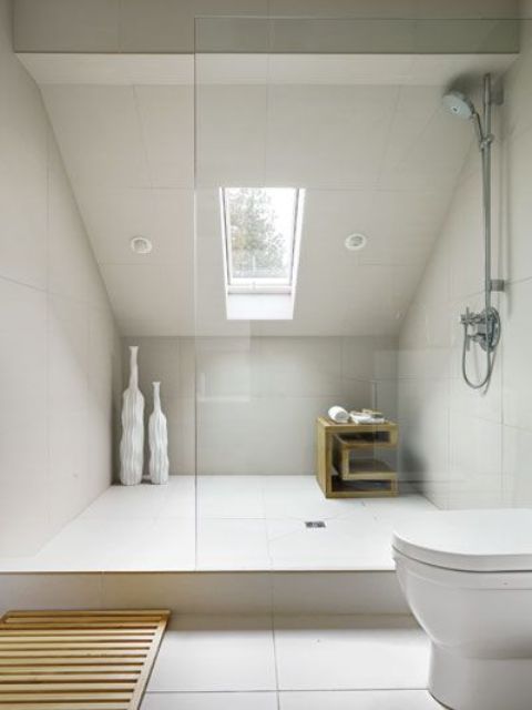 Wooden Cube Shelf Holds Linens Within Shower
