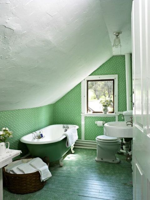 Green Patterned Wallpaper Adds Whimsy to Sloped Ceilings