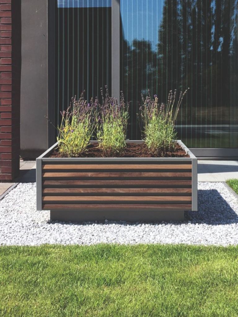 Modern Slatted Planter With a Wood and Metal Frame