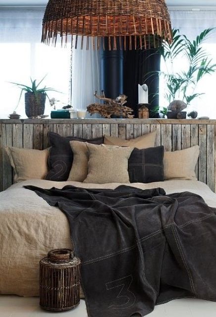 Rustic Wood Headboard With Integrated Shelf