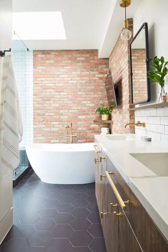 Place a Small Wooden Shelf for Plants and Towels by the Bathtub