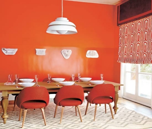 Bold Backdrop with Orange Walls for Red Chairs