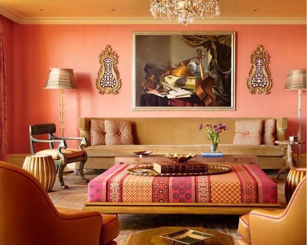 Upholstered Ottoman Doubles as a Patterned Coffee Table