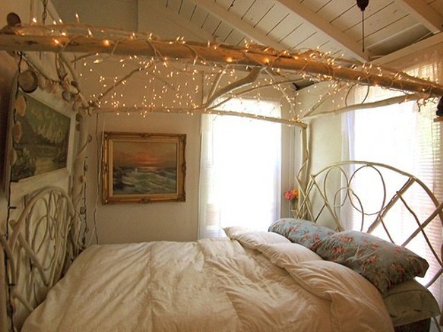 Form an Organic Canopy with a Wood Beam, Twigs, and Orb Lights
