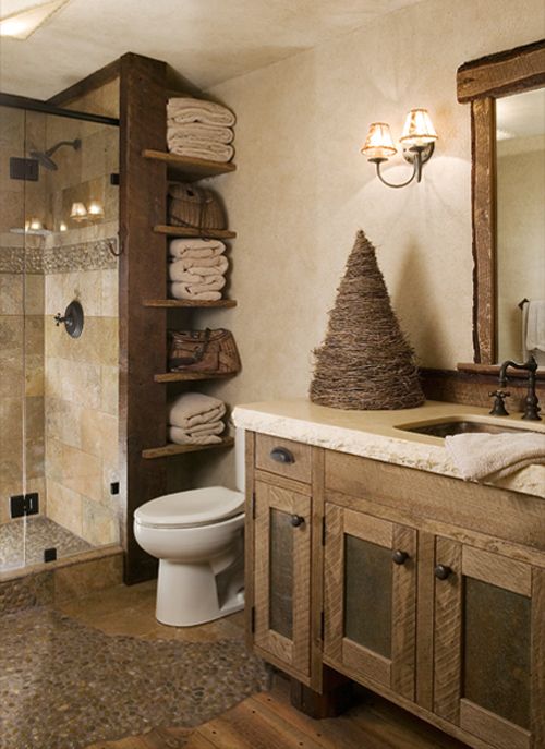 Corner Shelves Stack Towels and Baskets Near Toilet