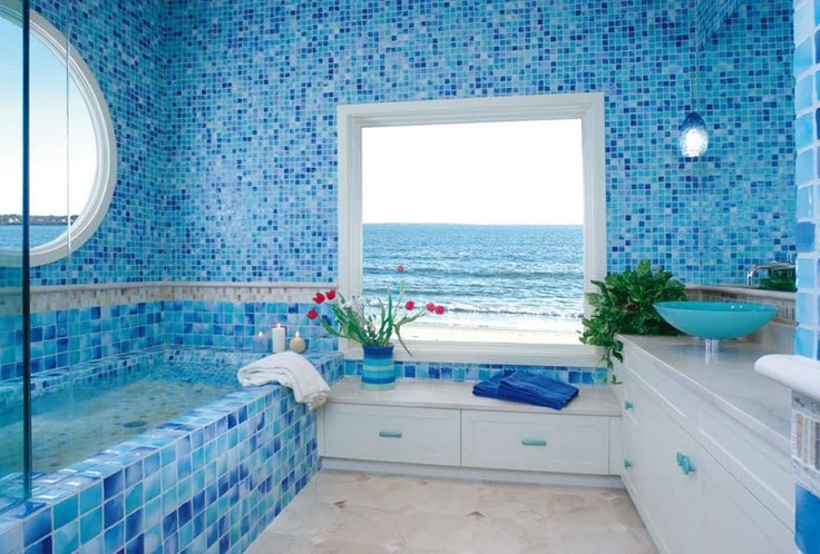 Blue Mosaic Tile Walls Create an Immersive Coastal Atmosphere