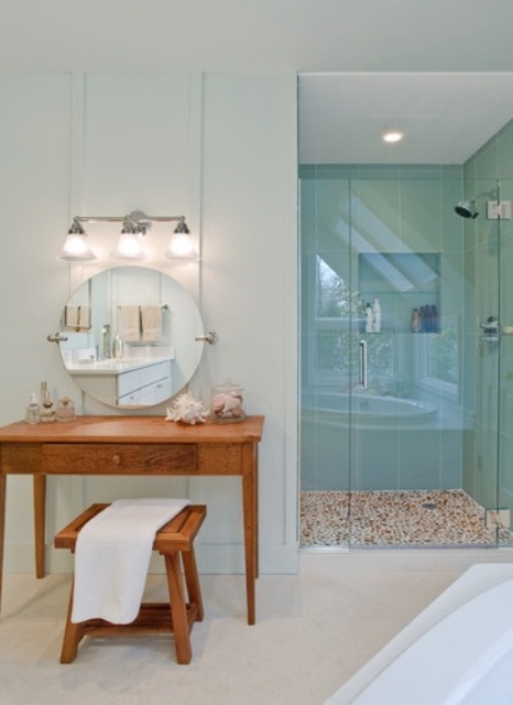 Wooden Vanity With Round Mirror Offers a Chic Dressing Spot