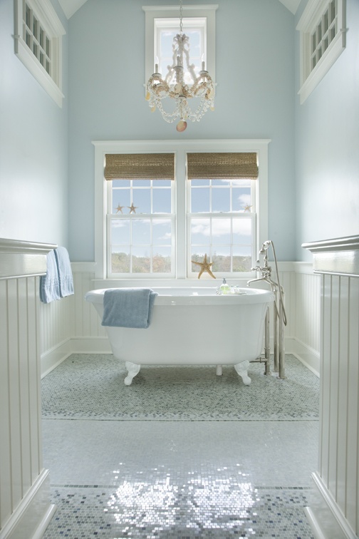 Shell and Crystal Chandelier Adds Coastal Sparkle Over Tub