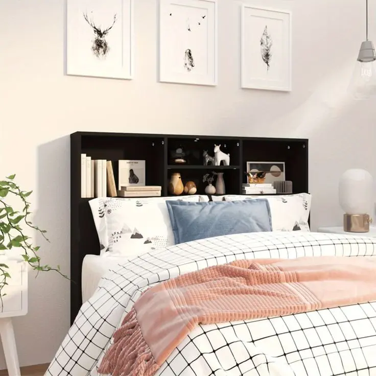 Black Headboard With Cubbies For Displaying Small Decor