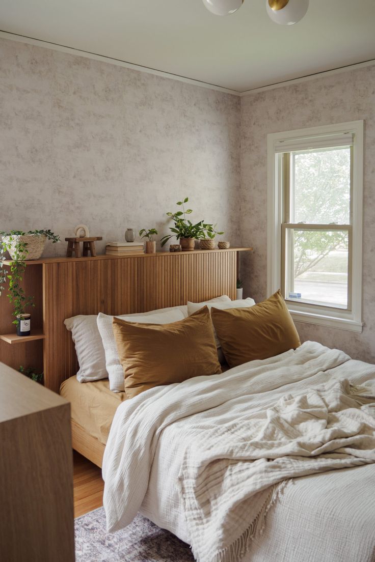 Wood Headboard With Integrated Side Shelves for Plants