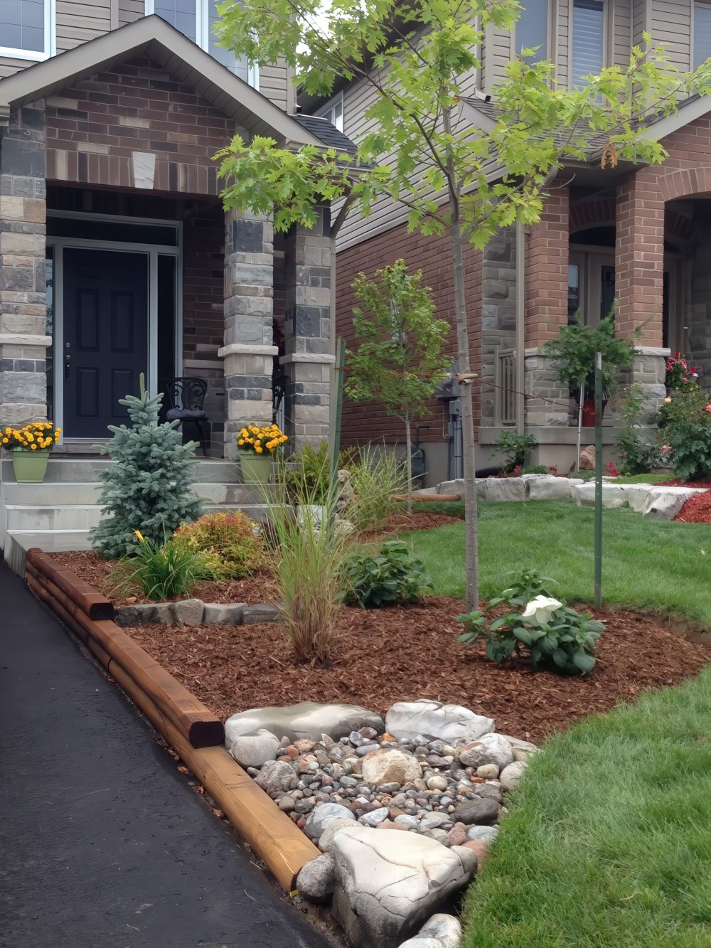 Layered River Rocks Create a Dry Creek Bed Accent