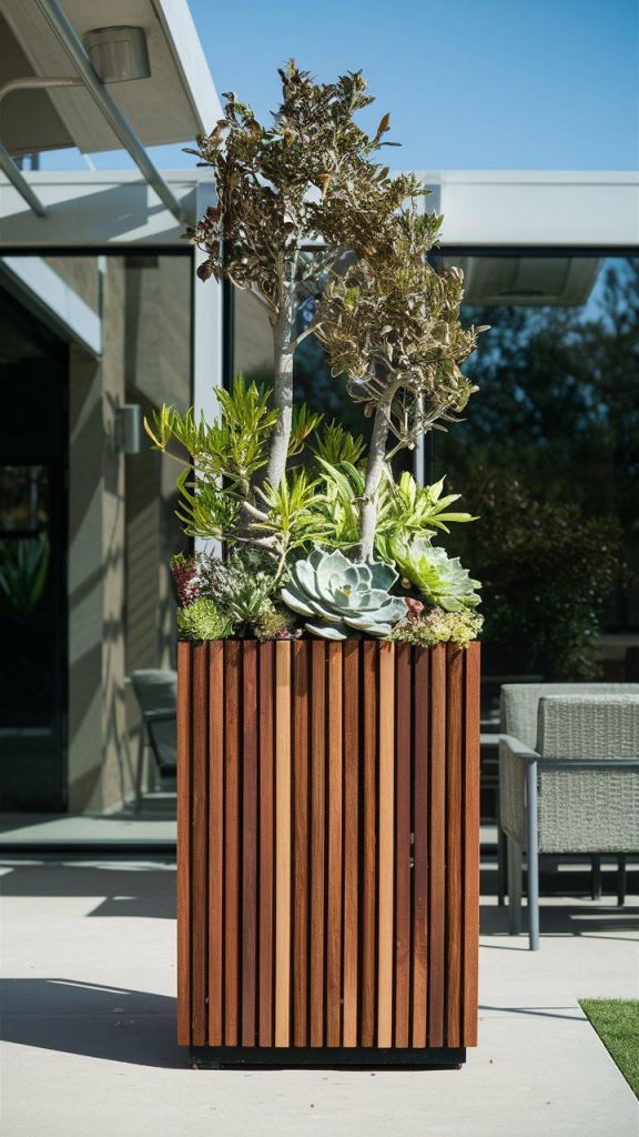 Varied Wood Tones In A Tall Slatted Planter