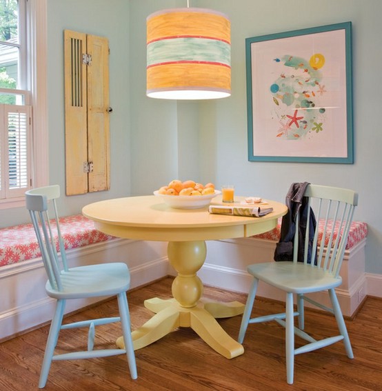 Soft Color with Pale Blue Spindle Chairs Next to a Yellow Table
