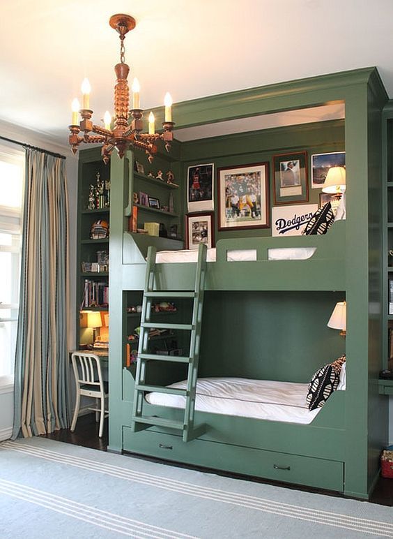 Green Built-in Bunk Unit Integrates Desk and Shelving