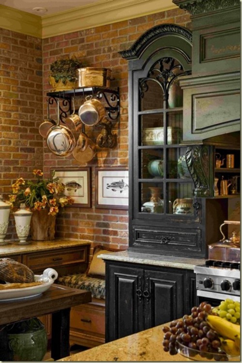 Hanging Pot Rack With Copper Pans Adds Warmth to Brick