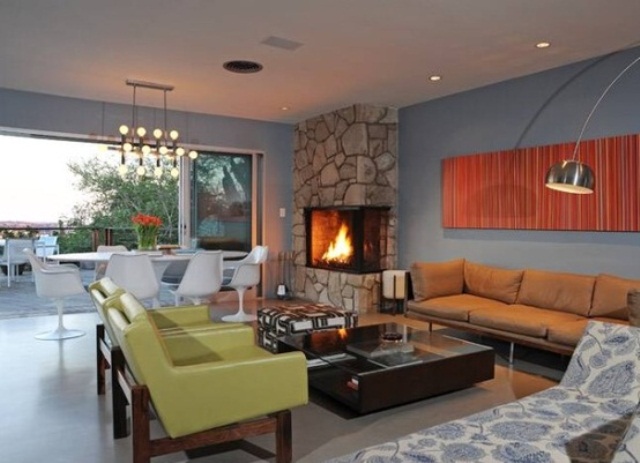 Stacked Stone Fireplace Adds Rustic Texture to Modern Room
