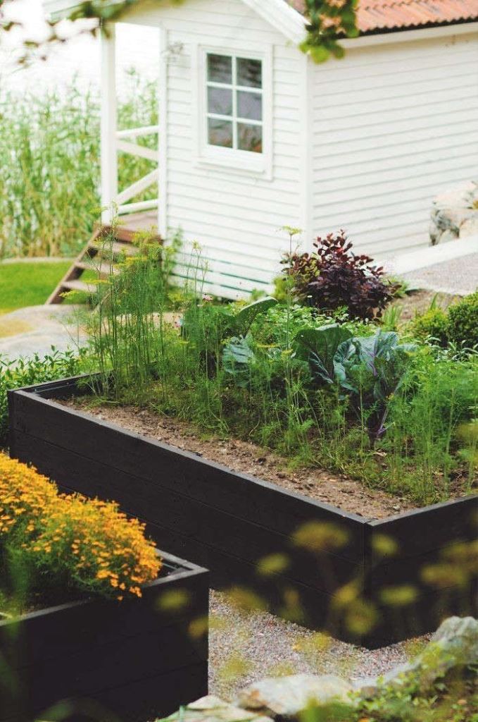 Mix Edibles and Ornamentals in Dark Wooden Planters