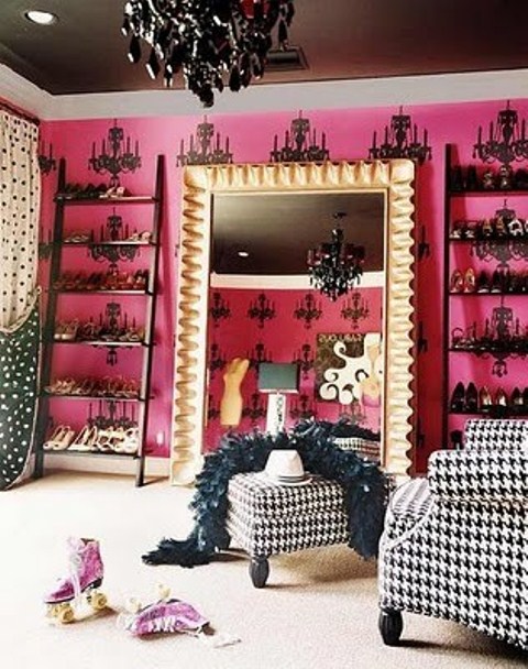 Black Chandelier Accents on Pink Walls