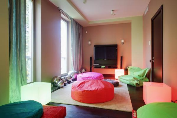 Brightly Colored Bean Bags Create Casual Lounge Zones