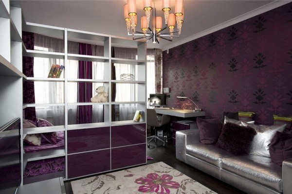 Glossy Purple Drawers Blend Into Open Shelving Units
