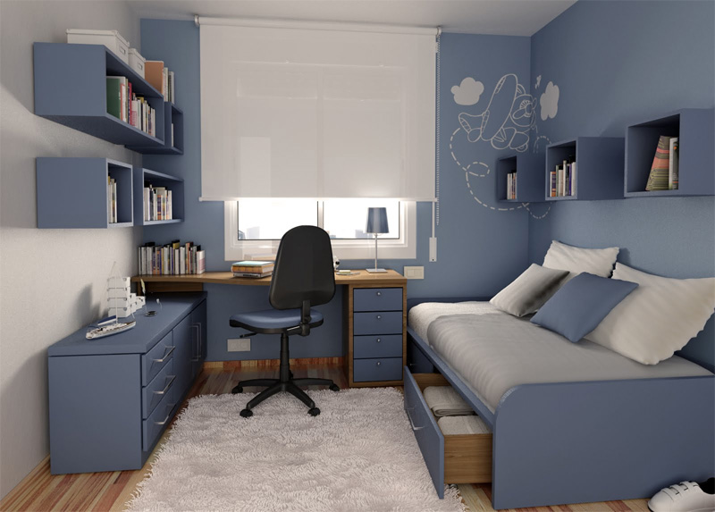 Blue Bed Frame with Integrated Drawer Storage