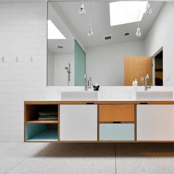 Floating Vanity Mixes Open Shelving and Cabinets
