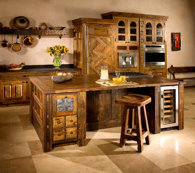 Rustic Wood Island With Built-In Wine Cooler