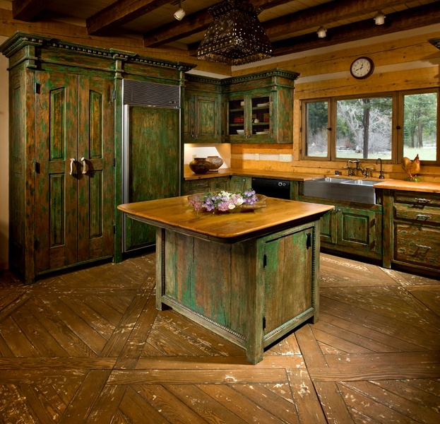 Distressed Green Island Base Adds Rustic Charm