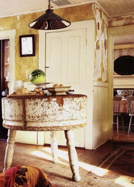 Round Butcher Block Island with Distressed Finish