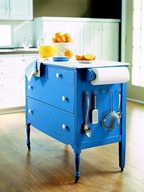Repurposed Dresser Island With Hanging Utensil Hooks
