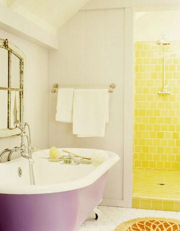 Purple Clawfoot Tub Anchors a Pastel Bathroom