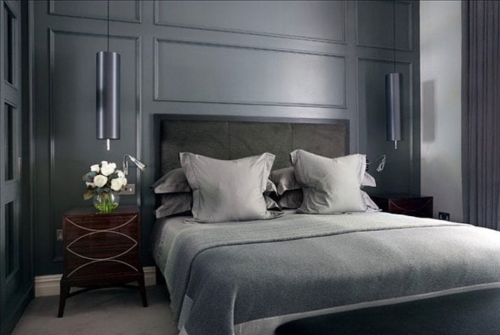 Dark Wood Nightstands With Curved Inlay Detail