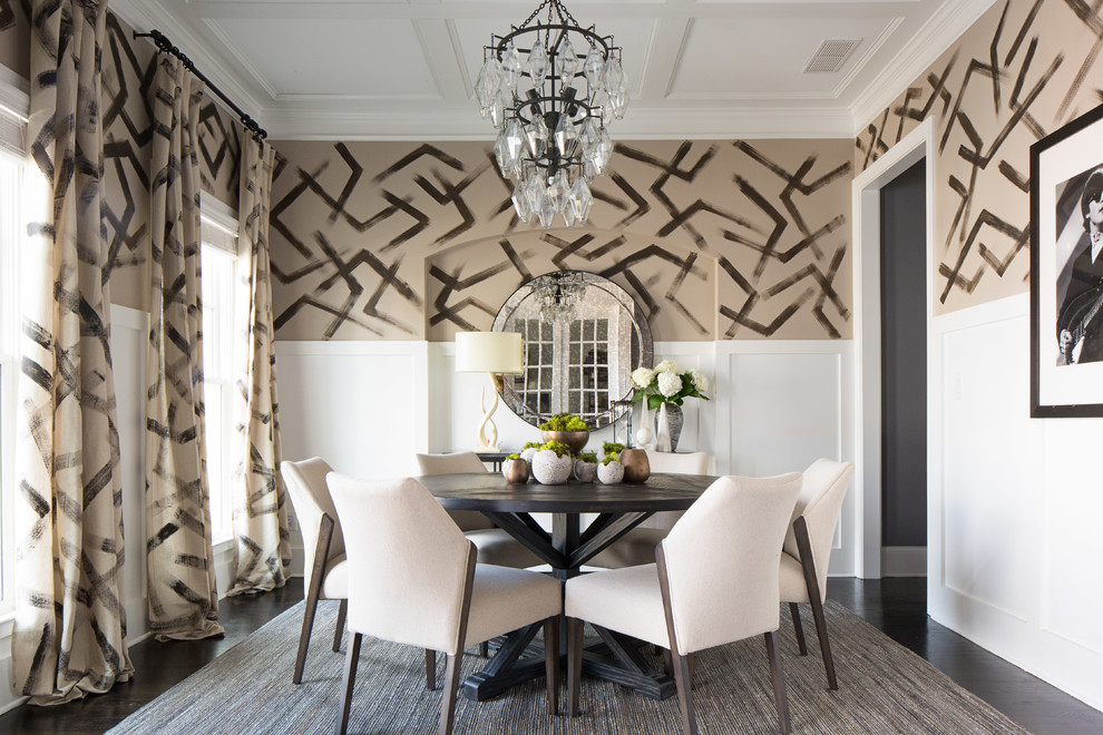 Bold Brushstroke Wallpaper Complements Neutral Dining Room