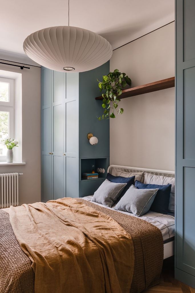 Floating Wood Shelf for Hanging Plants Above Bed