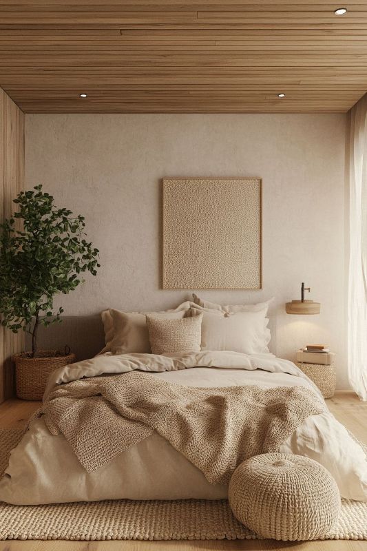 Textured Square Artwork Adds Subtle Depth Above Bed