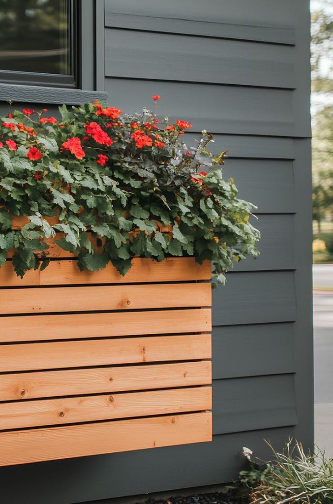 Natural Wood Planter Box Contrasts Dark Siding