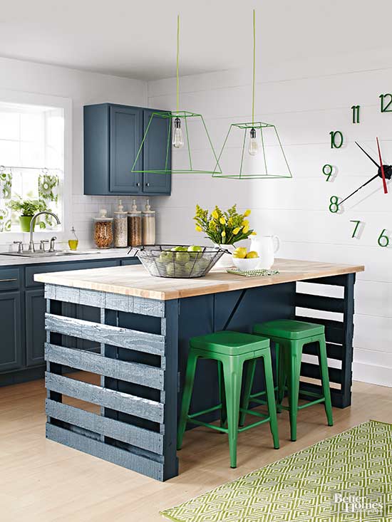 Kitchen Island with Rustic Pallet Wood Accents and Bright Green Stools